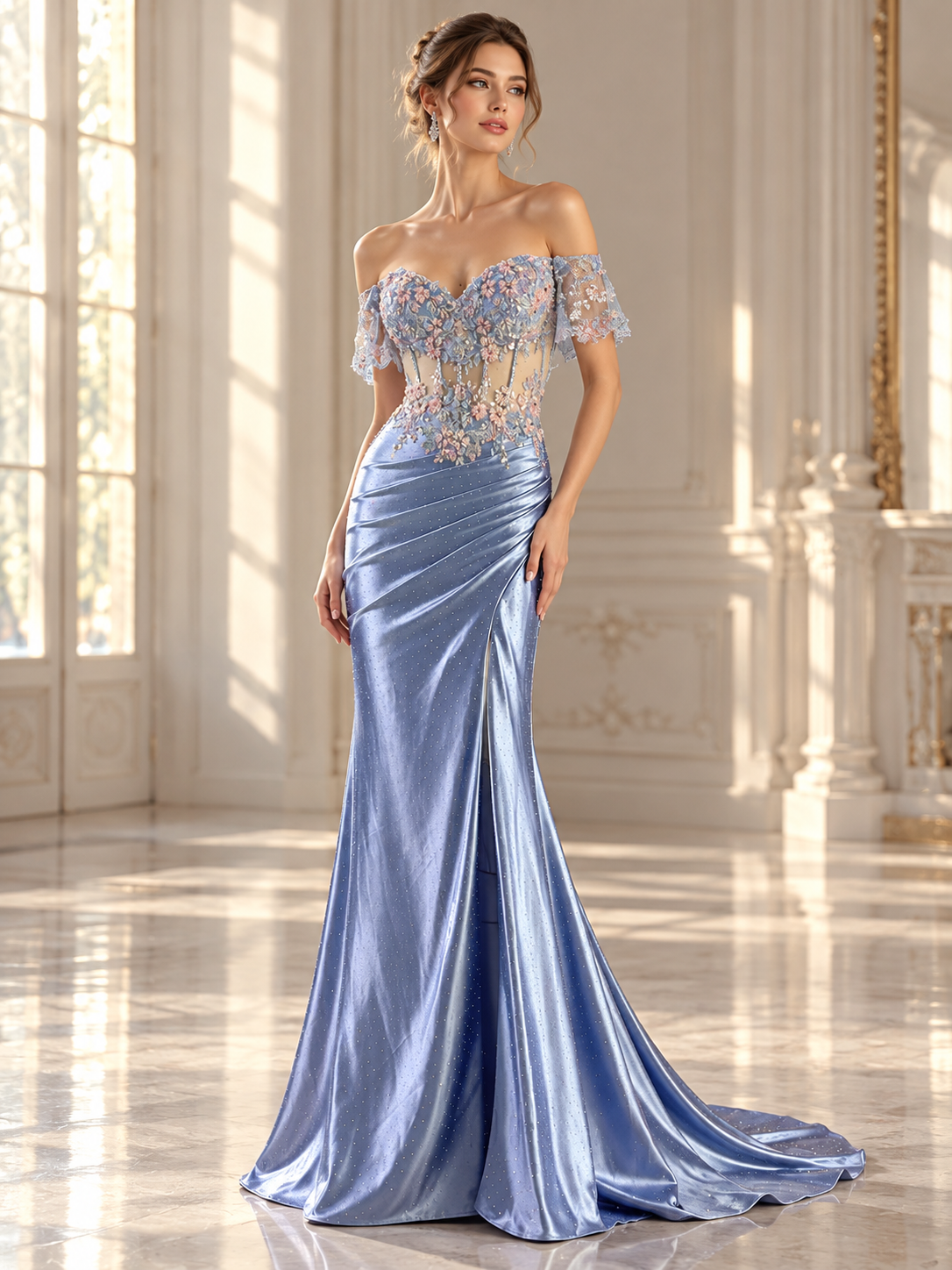 Ice Blue Embellished Satin Evening Gown