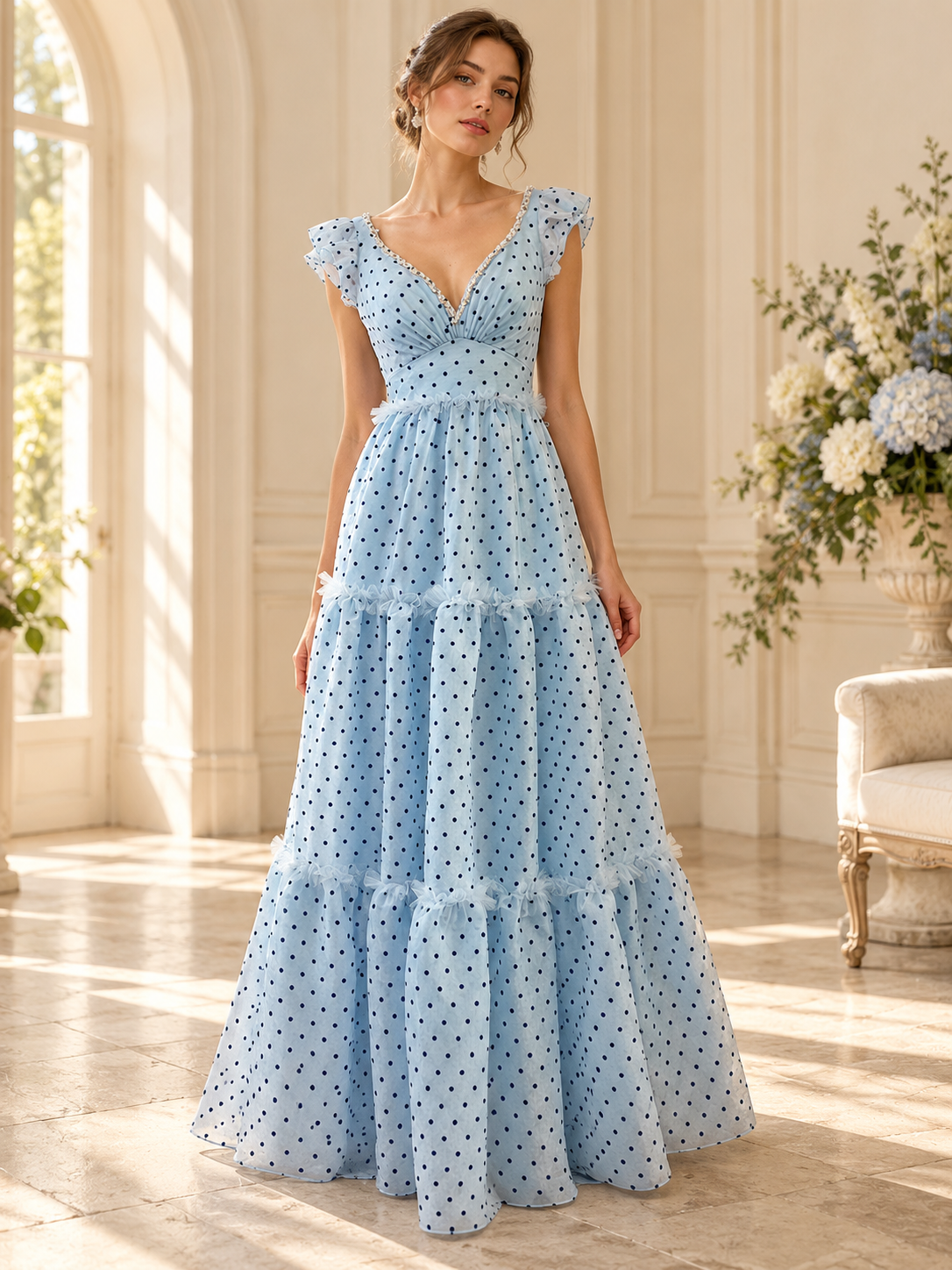 Pale Blue Polka Dot Tiered Formal Gown