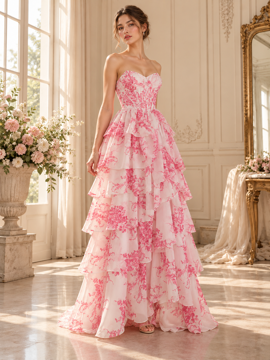 Editorial visualization of the full pink floral tiered dress
