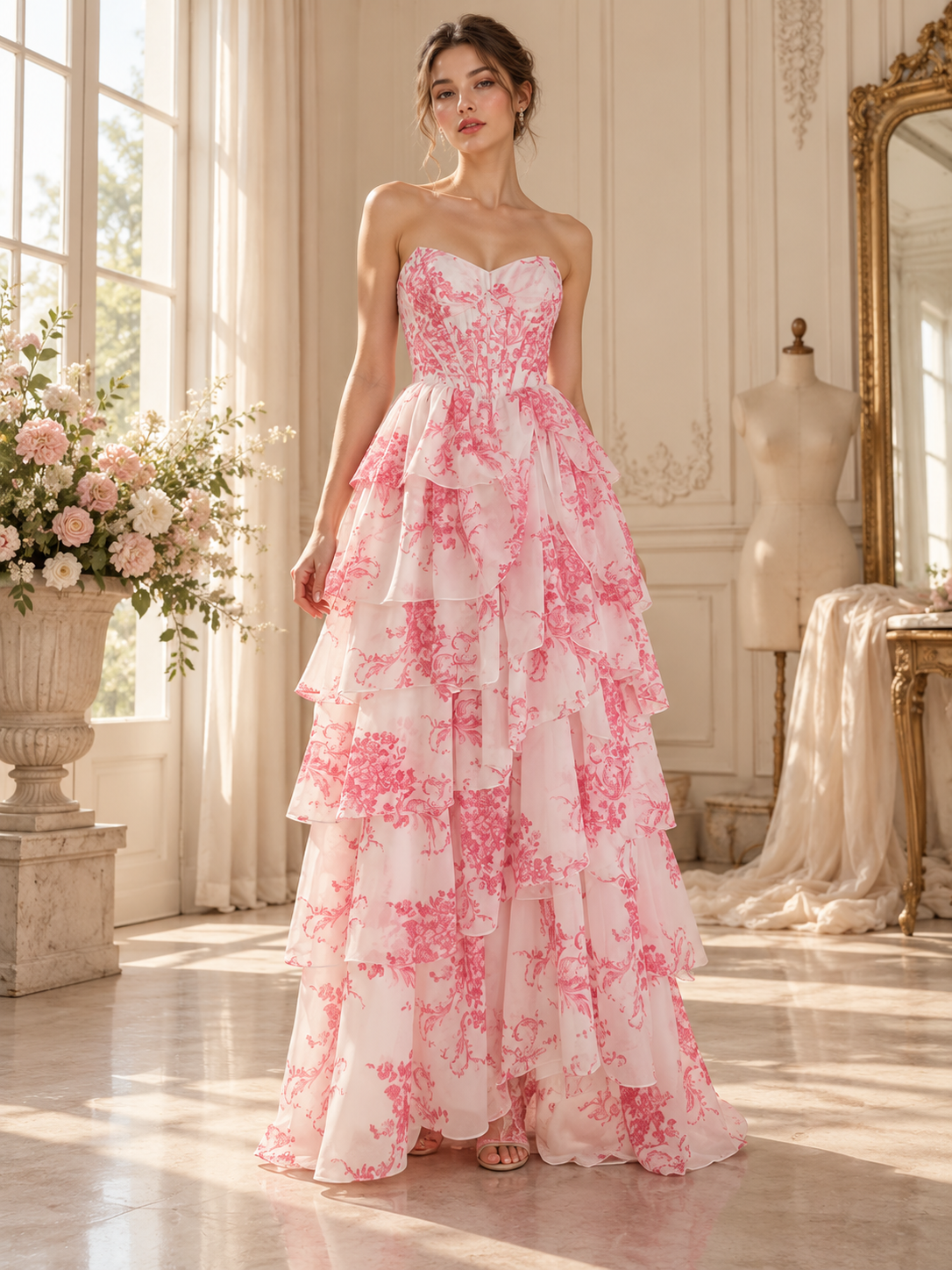 Pink Floral Tiered Formal Gown