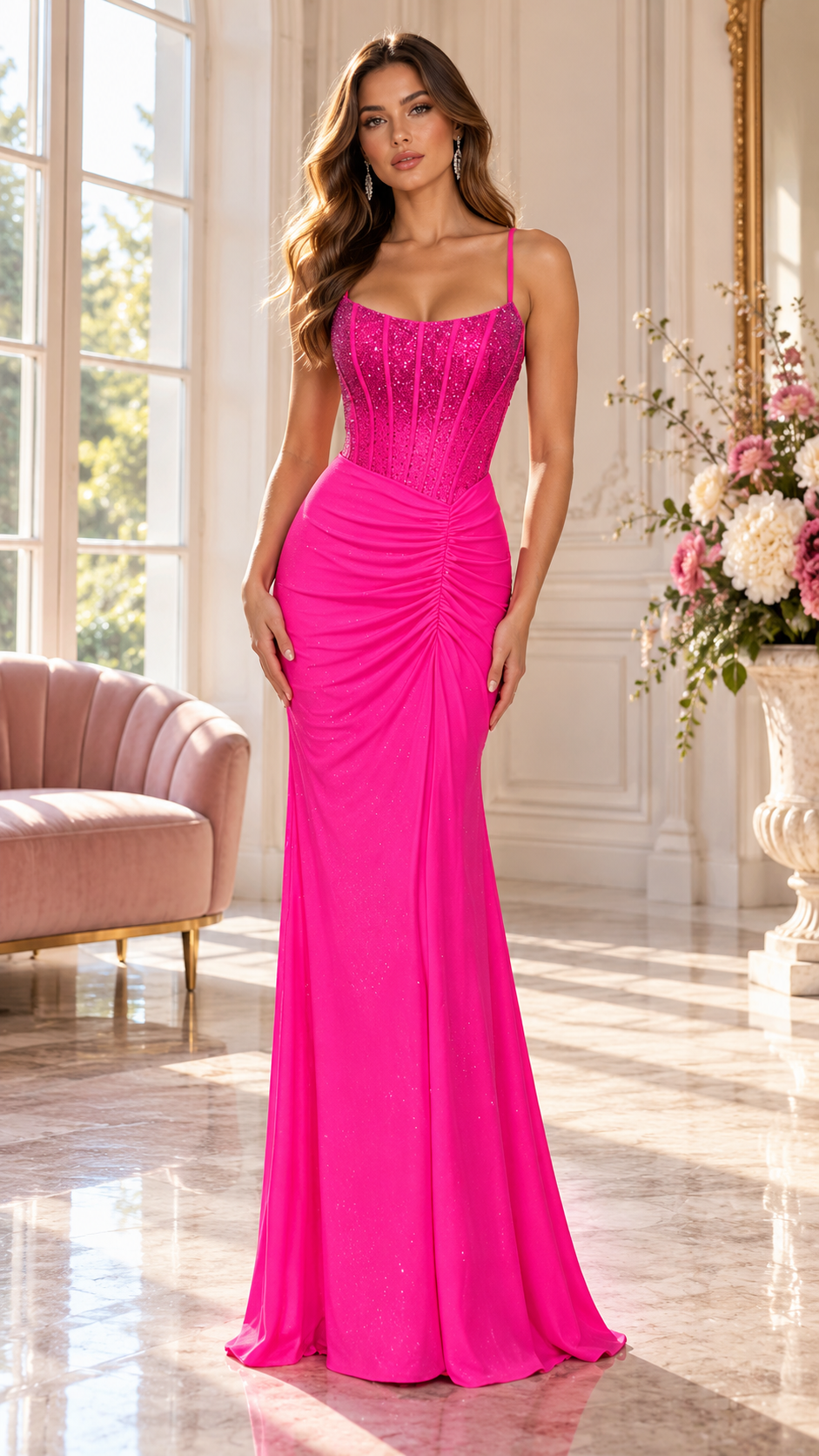 Fuchsia Corset Ruched Prom Gown