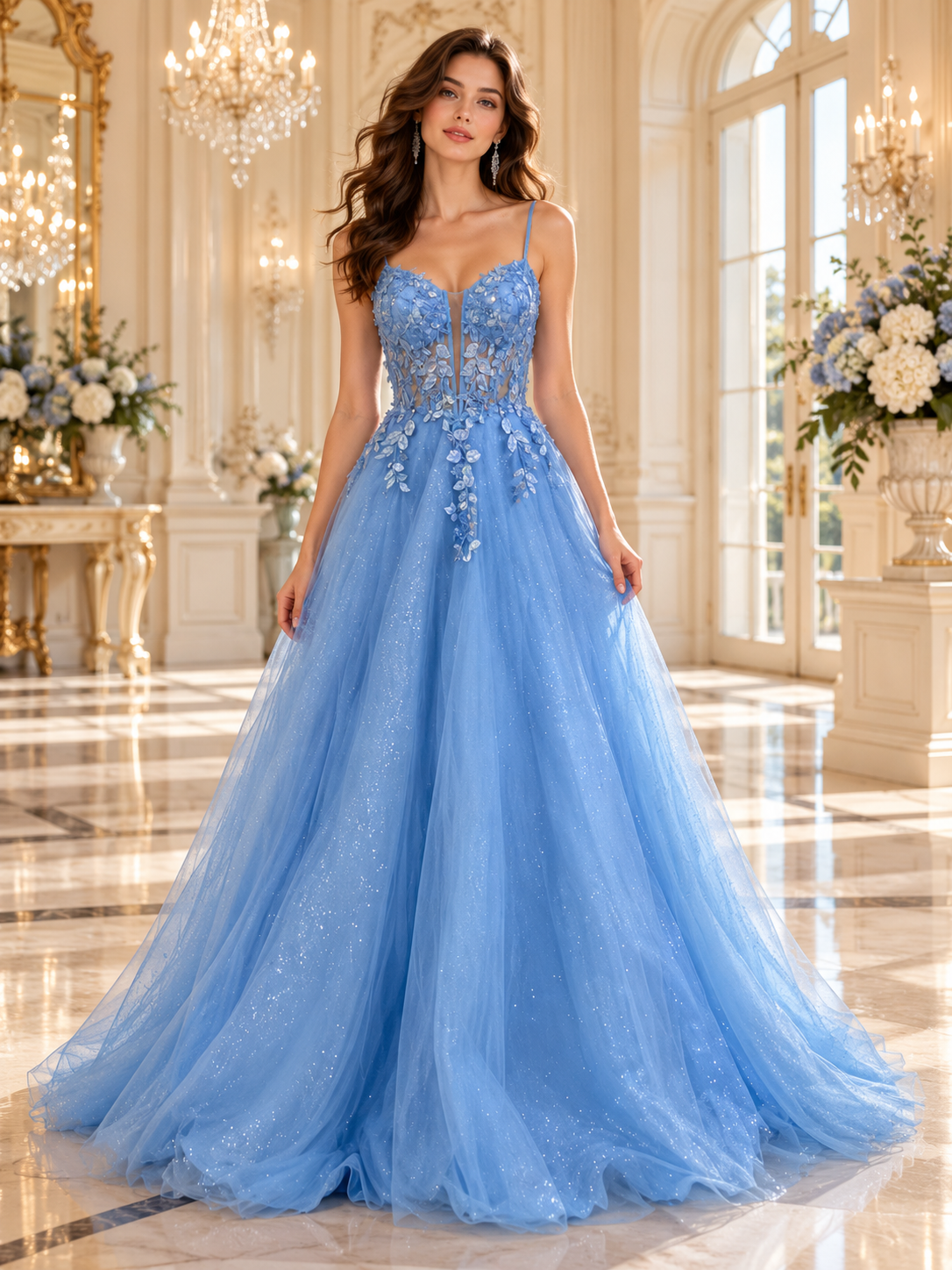 Blue Floral Corset Prom Gown