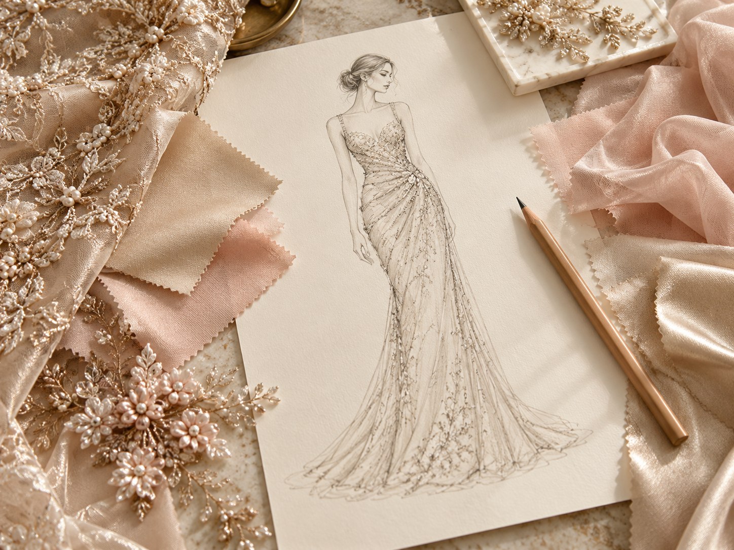 Dress design sketch with fabric swatches and embellishment