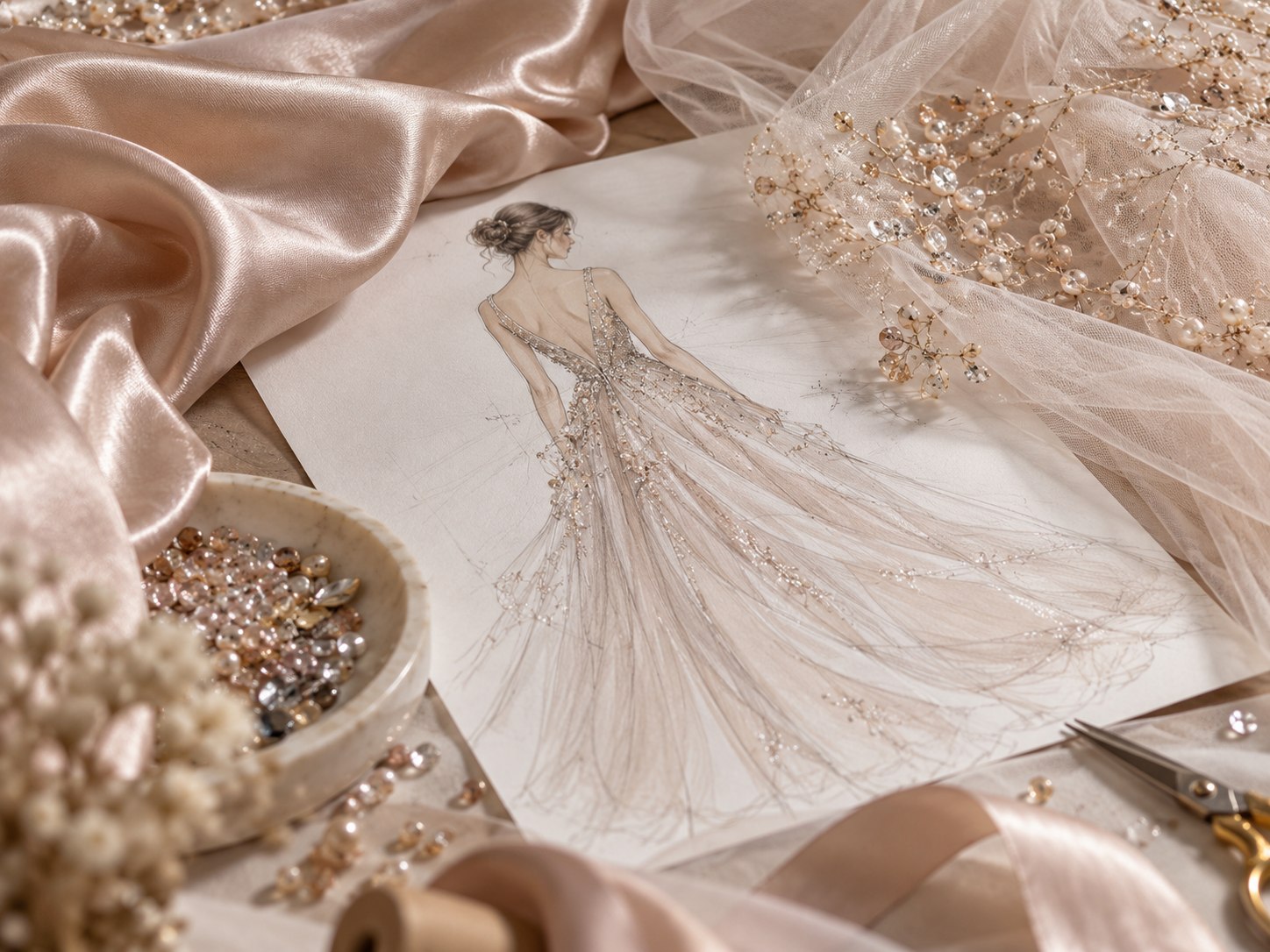 Design sketch surrounded by satin and embellishment