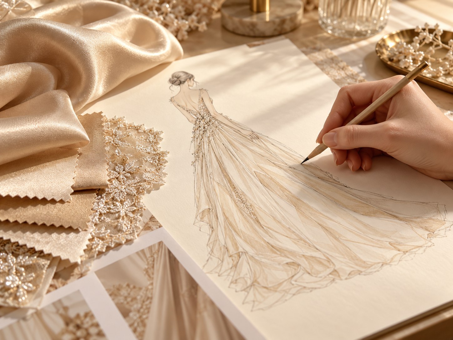 Occasion dress sketch in progress beside champagne fabric