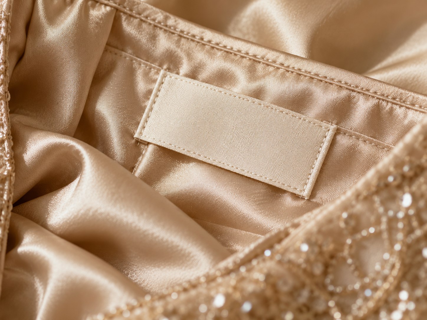 Blank woven label sewn into satin lining
