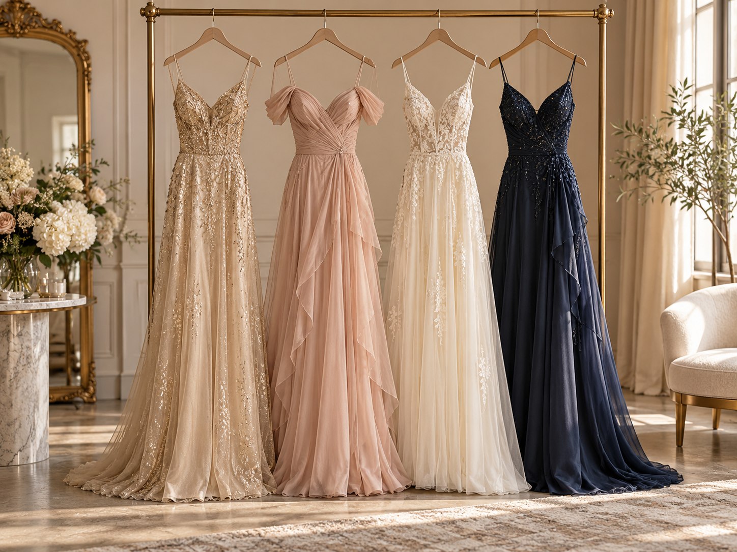 Four occasion dresses displayed on a boutique rail