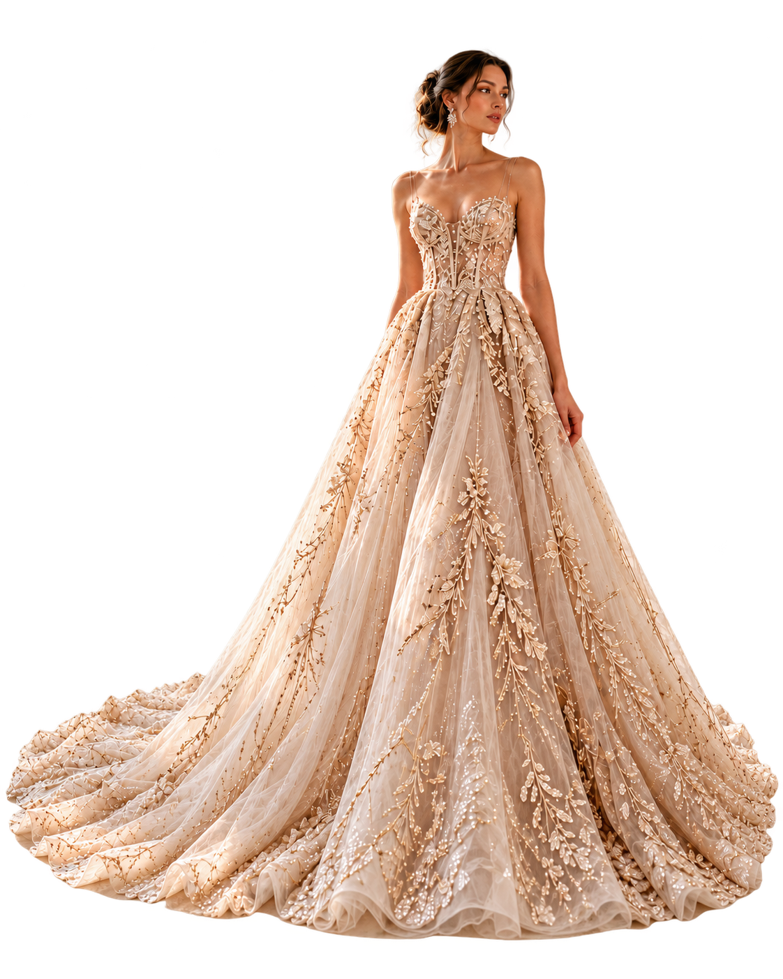 Full-length champagne bridal gown in the REGENA atelier
