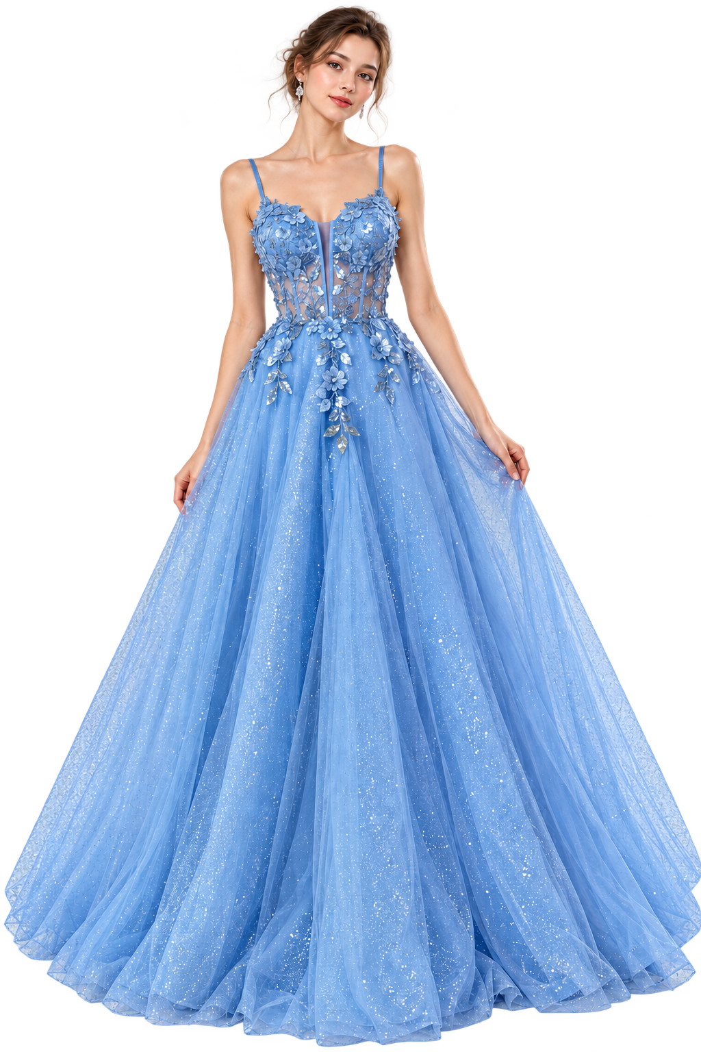 Full-length blue floral corset prom gown
