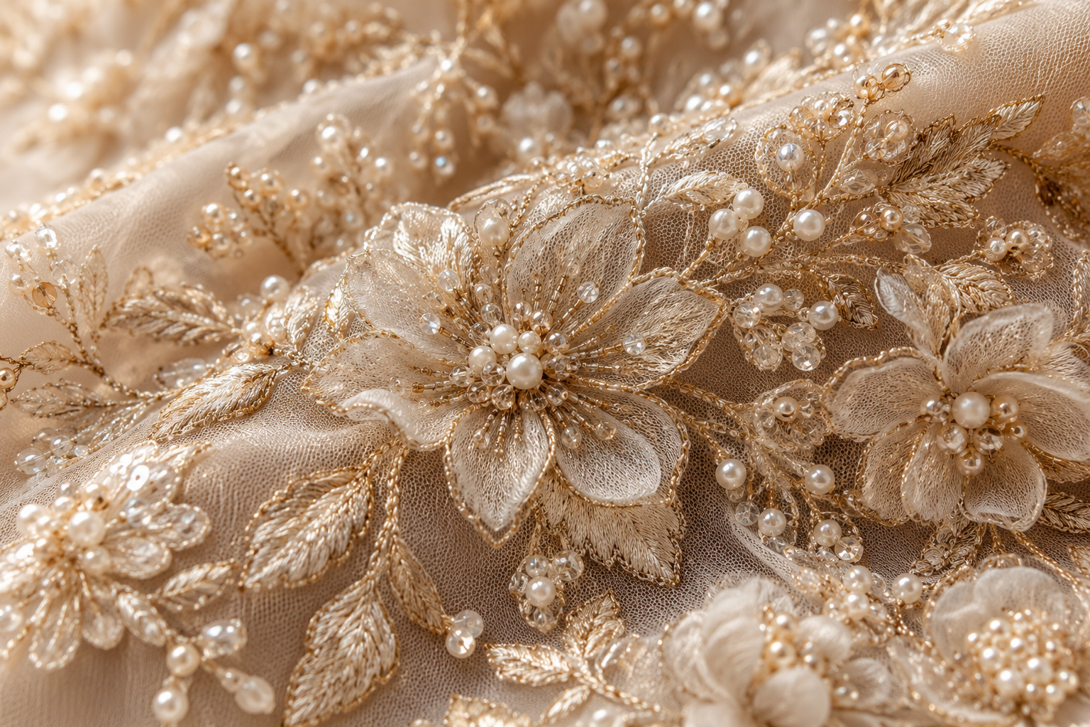 Editorial close-up of champagne embroidery and beadwork
