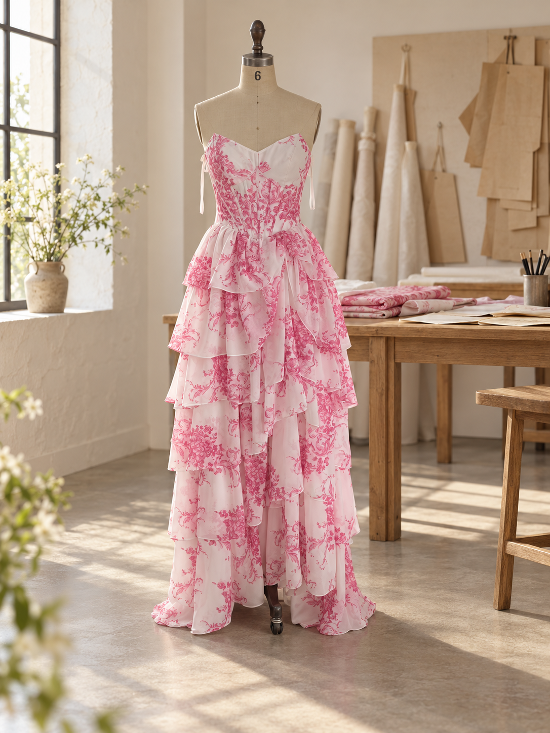 Pink floral sample dress in a visualized atelier setting